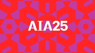 Red and purple kaleidoscope with AIA25 written on top
