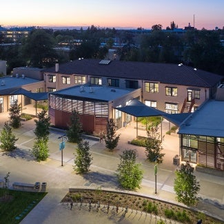 Aerial view of Walker Hall and Walker Promenade